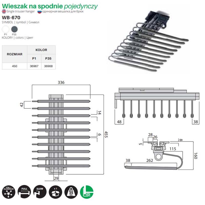 Wieszak na spodnie pojedynczy SYMPHONY P1 - Biały (WB-670)