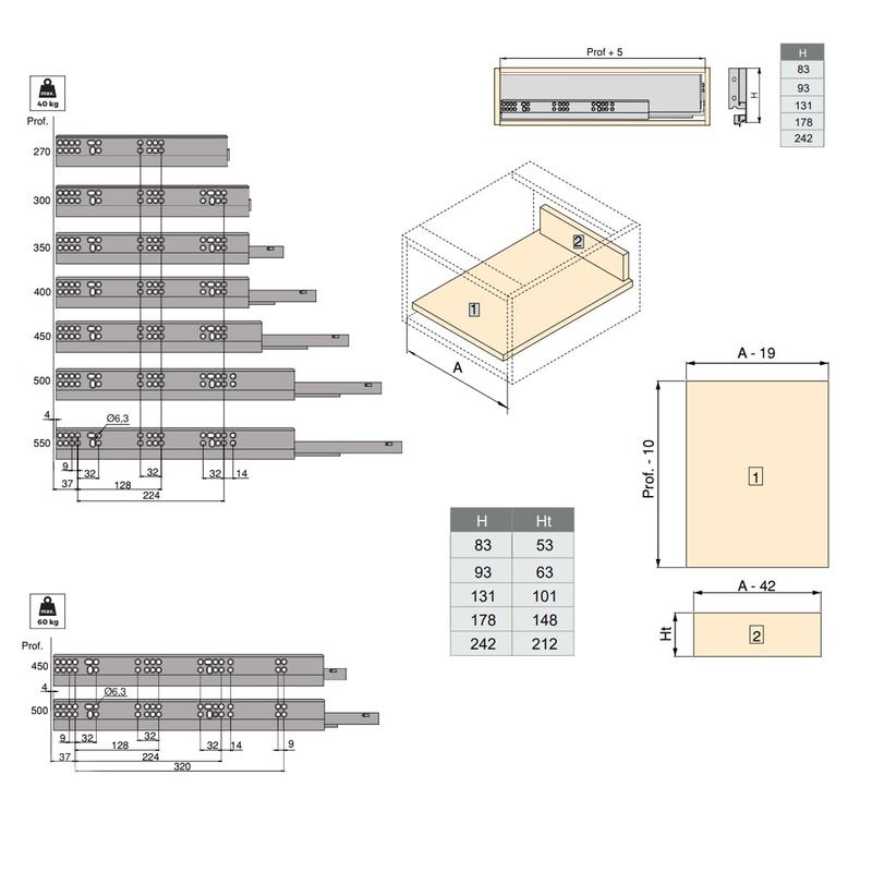 Szuflada cienkościenna VERTEX 500mm, wysokość 93mm, PUSH SYNCHRO 2 – biała