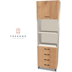 Regał na nóżkach z pojedynczymi drzwiczkami (góra) i szufladami (dół)