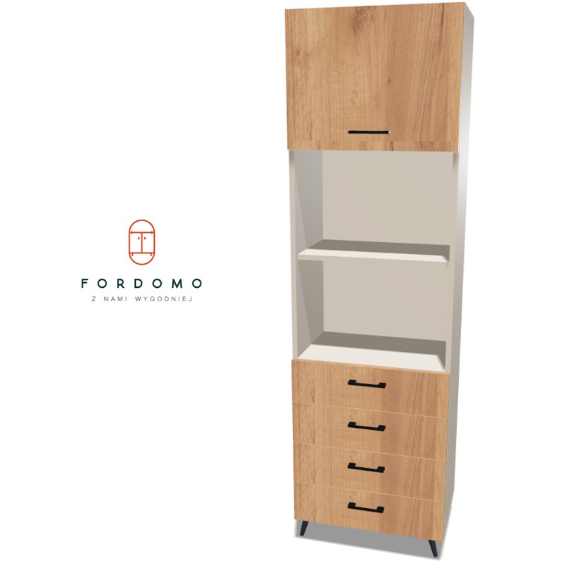 Regał na nóżkach z pojedynczymi drzwiczkami (góra) i szufladami (dół)