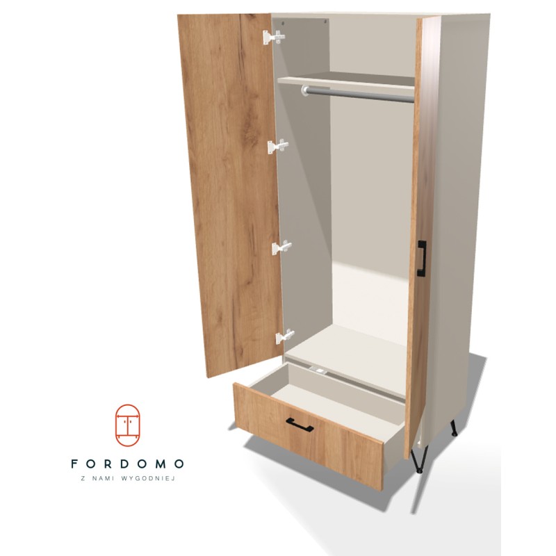 Szafa na nóżkach dwudrzwiowa z drążkiem i szufladą