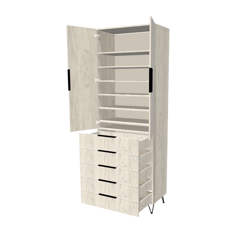 Szafa na nóżkach dwudrzwiowa z półkami i szufladami