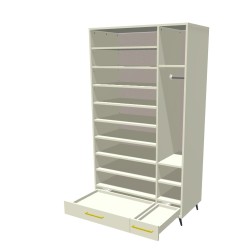 Szafa na nóżkach dwudrzwiowa z półkami, drążkiem i szufladą