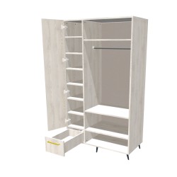 Szafa na nóżkach dwudrzwiowa z półkami, drążkiem i szufladą