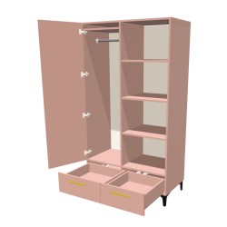 Szafa na nóżkach dwudrzwiowa z półkami, drążkiem i szufladą