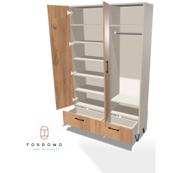 Szafa na nóżkach dwudrzwiowa z półkami, drążkiem i szufladą