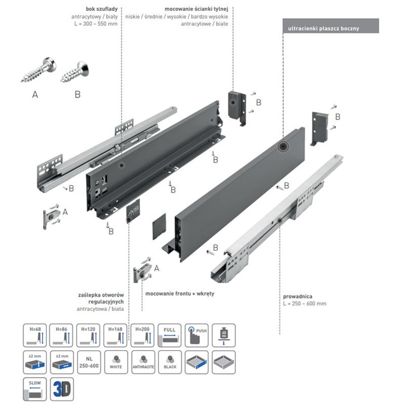 Szuflada GTV AXISPRO, H=86mm, L=600mm, cichy domyk, pełny wysuw, antracyt (PB-AXISPRO-KPL600A)