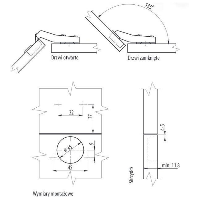 GTV zawias 45 stopni kątowy hydrauliczny ZM-HCKT45-BE-S