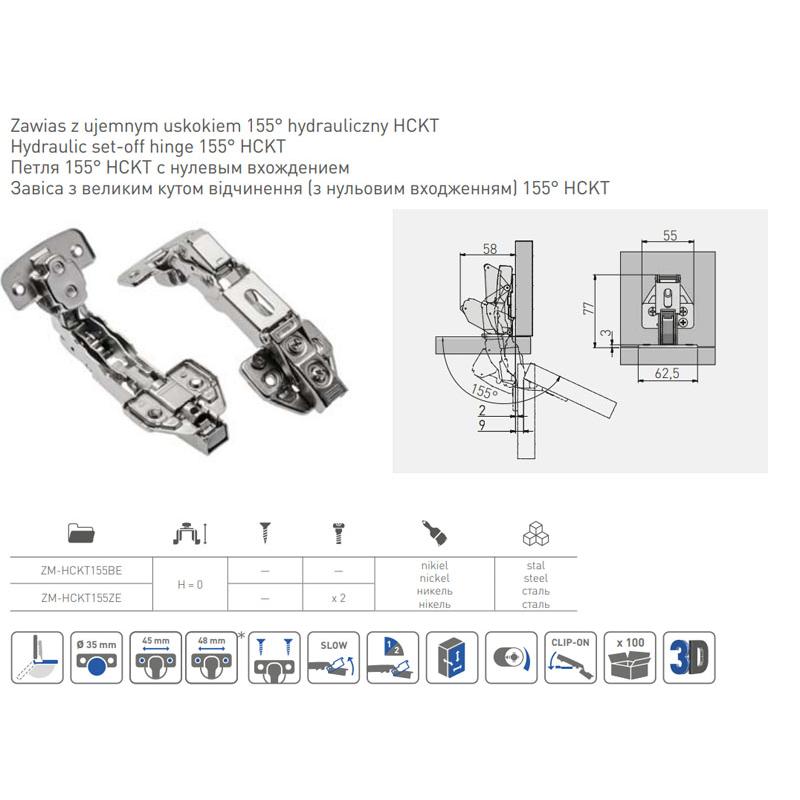 GTV zawias kątowy hydrauliczny 155 stopni z euro ZM-HCKT155BE