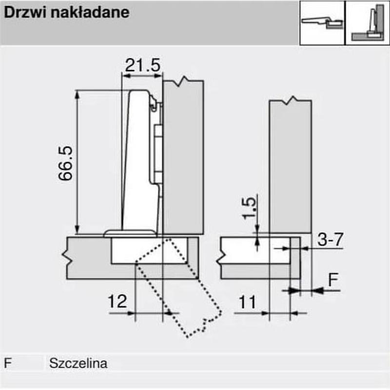 BLUM clip top zawias 110 stopni, drzwi nakładane, bez sprężyny 70T3550