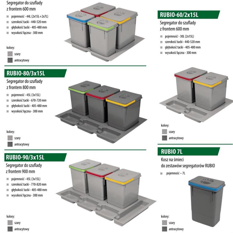 SEGRGATOR NA ŚMIECI RUBIO-60 (2X15 L+2x7L) SZARY