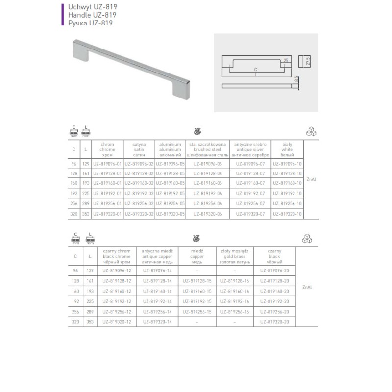 Uchwyt meblowy GTV UZ-819 aluminium, ZnAl, 96 mm - nowoczesny styl